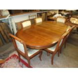 Granger Pedestal Dining Table with 2 leaves & 8 Chairs. All chairs need reupholstering . Table has