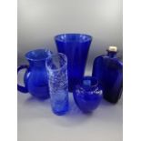 5 pieces of decorative blue glass including Langham vase (front right of picture)