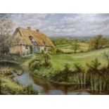 Michael Dent oil on canvas of a river cottage, signed, (50 x 40)cm