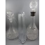 Two glass wine decanters plus vase