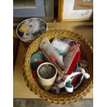 Basket of vintage sewing items plus tin of buttons