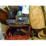 Box of mostly vintage cameras and parts, plus brass taps and tray