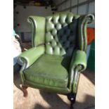 Chesterfield green leather Wing Back Armchair