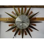 Metamec brass and wood sunburst wall clock