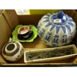 Box of china to include large segmented blue and white ginger jar, 2 pieces of Beswick, Royal Albert