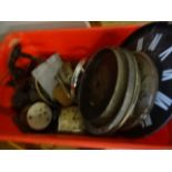 Box of various mechanical clock parts, faces, movements etc