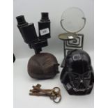 Mixed lot to include brass/bronze cat figure, Darth Vader star wars money box, tea-lighter candle