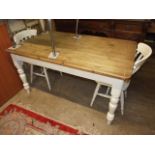 Rectangular Pine Kitchen Table with painted base & 2 chairs 3 x 5 ft 30 1/2 inches tall