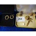 Pair of 9ct gold earrings, gold on silver cufflinks plus one other pair of cufflinks