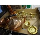 Box of copper and brass including copper kettle