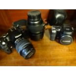 Pentax digital camera with 52mm lens plus Tamron lens and 2 other cameras