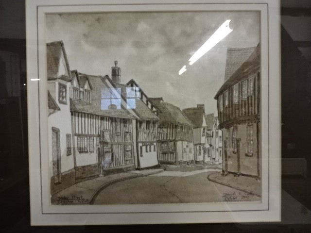 David S Cook watercolour of Water street, Lavenham, Suffolk (34 x 38)cm