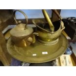 Large brass tray, 56cm diameter, plus copper kettle and brass scuttle