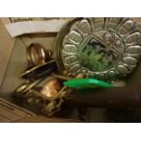 Box of mixed copper, brass and plateware including trays, cutlery etc