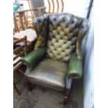 Chesterfield green leather Wing Back Armchair