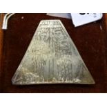 A boxed 15th century renaissance Niello on triangular mount, 2"