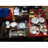 3 boxes of china, crested ware, plateware, advertising mugs etc