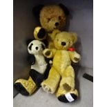 3 vintage teddy bears including Merry Thought, largest is around 45cm tall