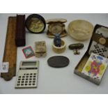 Mixed lot to include vintage cards, Westclox travel clock, vintage blue bear rattle, marble desk