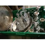 Box of silver plate to include candlesticks, cruet set, decanters, trays etc