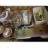 Large box of silver plate ware to include cutlery, candlesticks, trays, condiment pots, some of