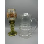Collection of glass to include 2 pairs of decanters, 2 tankards and 3 decorative wine glasses