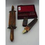 Mixed lot to include vintage dentist kit?, carved wooden cased meat carving set and 2 cut throat