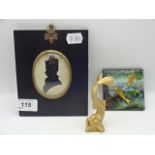 3 pieces to include military silhouette, Arts and crafts hand painted fish enamel and gilt metal