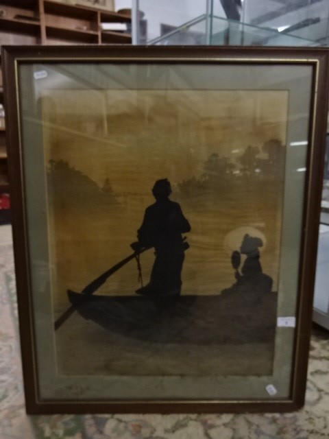 Japanese silhouette print of lady on Gondola printed by T. Hasegawa, Tokyo (63 x 77)cm - Image 2 of 4