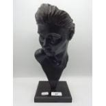 Bronze mounted face mask on marble stand, 30cm tall