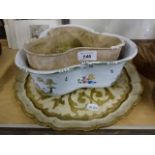 French ceramic pot plant holder with insert plus Italian gilt paper mache tray