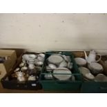 5 boxes of china to include Spode blue and white , and large Noritake white and silver dinner set