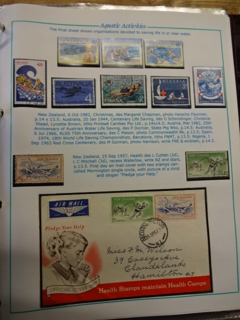 2 folders of stamps relating to the Olympics and Aquatic activity's