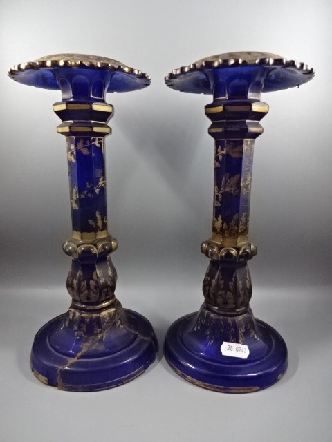 Pair of blue glass candlesticks (28cm tall) with hand painted gilt decoration, both A/F - Image 2 of 4