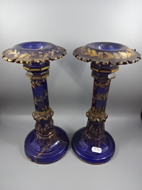 Pair of blue glass candlesticks (28cm tall) with hand painted gilt decoration, both A/F