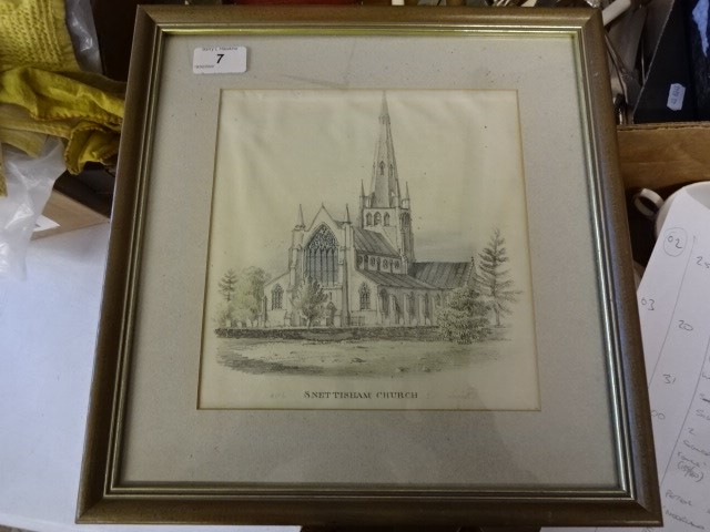 Snettisham church hand coloured print (33 x 36)cm, plus embroided cottage scene (30 x 28)cm - Image 2 of 2