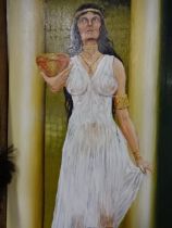 Oil on board of temple lady (43 x 85)cm
