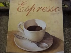 2 modern pictures, Dupre print of a lady and espresso sign