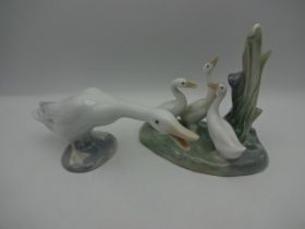 Lladro goose (17cm long) and Lladro Nao geese (13cm tall)