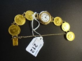 A ladies 9ct gold wristwatch circa 1930's with band of 1/2 sovereigns (1903, 1914, 1893, 1837, 1817)