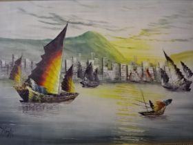 Oil on canvas of coastal city scene signed 'Thomas' (87 x 62)cm