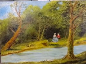 Oil on board of couple by a river titled 'The Tryst' (36 x 26)cm