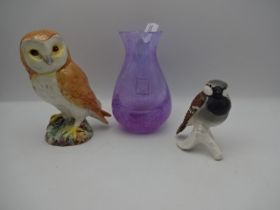 Goebel sparrow, Beswick owl and Caithness crystal glass vase