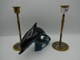 Poole pottery dolphin plus pair of brass candlesticks