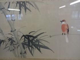 Pair of oriental watercolours on silks depicting birds and flowers (72 x 30)cm