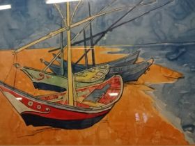 Watercolour reproduction of Vincent van Gogh's 'Boats at les Saintes Maries' (66 x 48)cm