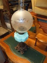 Victorian Cast Iron Base oil lamp with glass reservoir