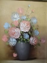 Roydon cross road oil on board signed 'Sergeant', still life oil on board of flowers plus Gordon