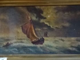 Oil on canvas of ships signed K.S. Plus harbour print and Italian etching