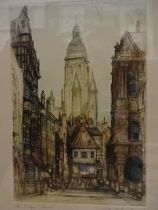 Hand coloured signed etching plus marquetry picture of a castle